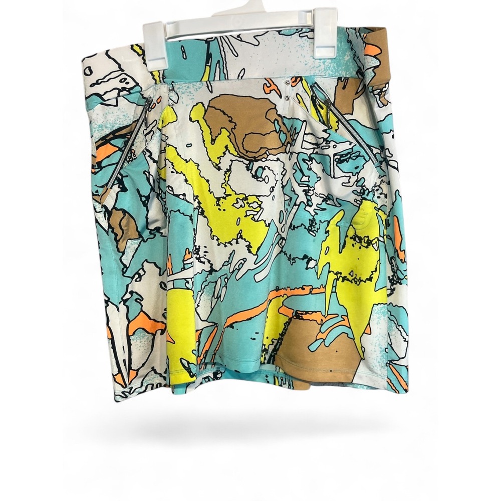 Jamie Sadock Golf Skort Large Abstract Print Turquoise Green Zip Pockets Skirt